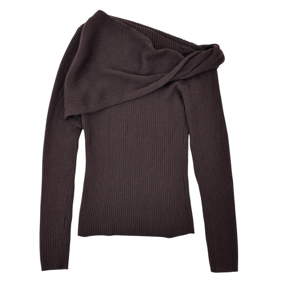 Reformation Lilou Brown Regenerative Merino Wool Off Shoulder Rib Knit Sweater - Picture 4 of 12
